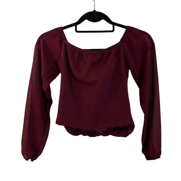 Windsor Dark Red Blouse Size Small Pointed V Neck Chiffon Cropped Long Sleeves - Picture 2 of 5